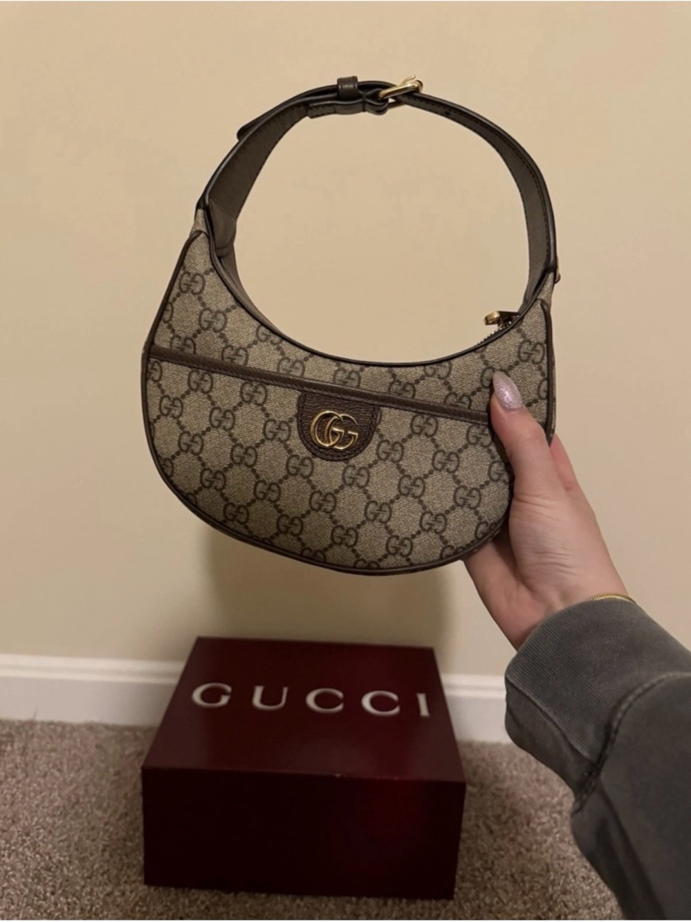 Gucci Beige Brown GG Supreme Crescent Shoulder Bag